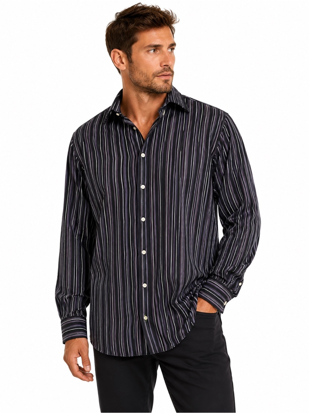 TailorByrd Men’s XXL Black Grey Striped Button Down Shirt 100% Cotton Contrast C